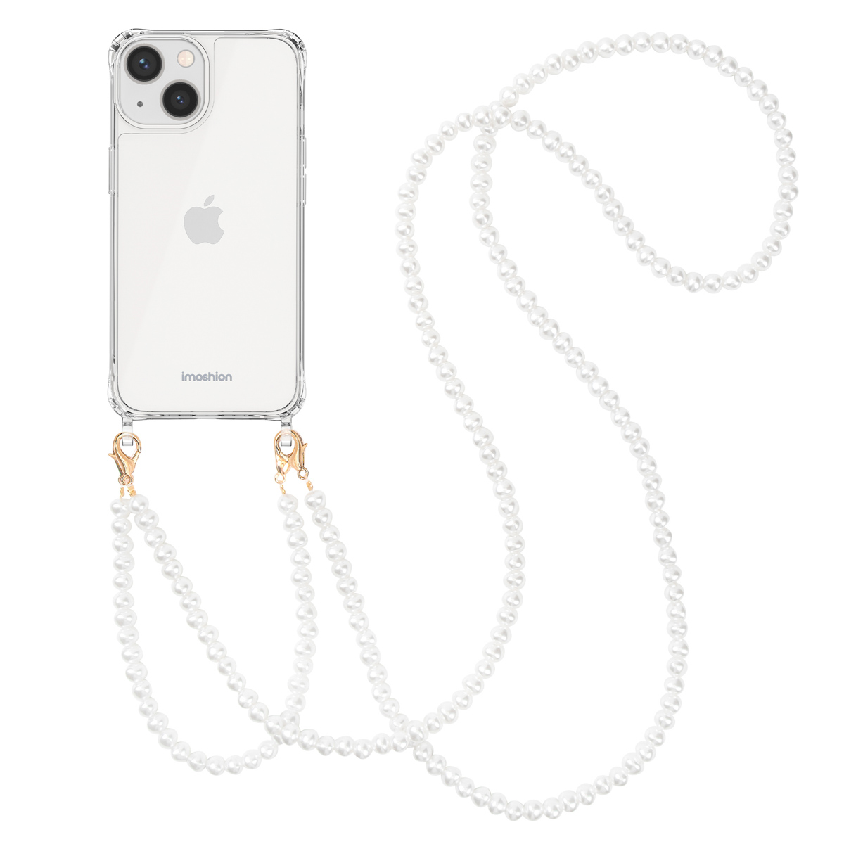 Telefoon in doorzichtige hoes met parelketting, achterkant iPhone zichtbaar.