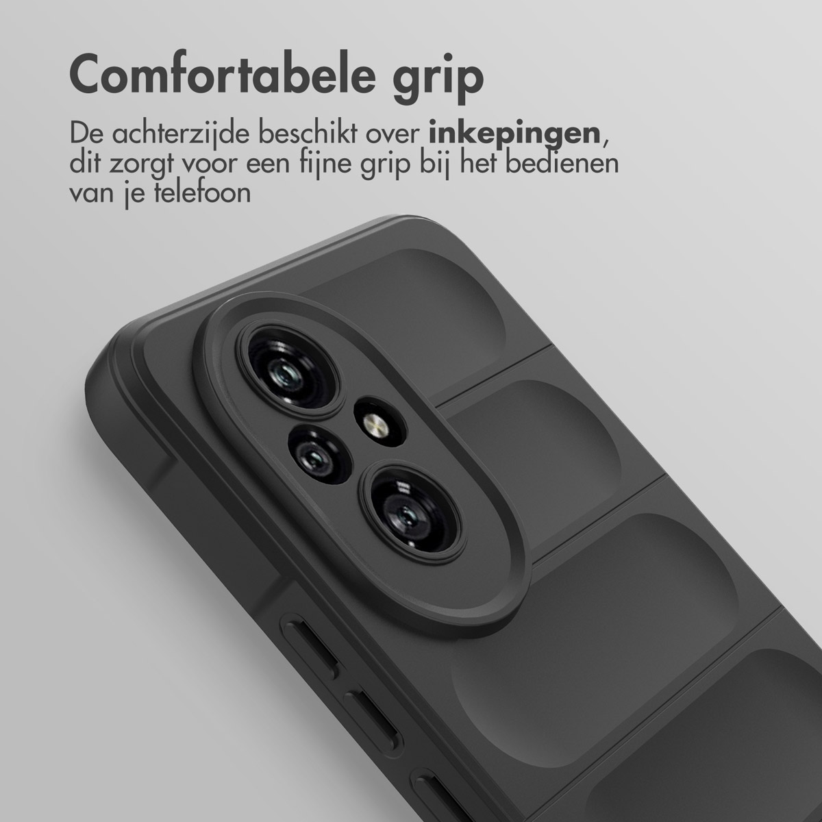 Gros plan d'une coque de téléphone noire avec des poignées texturées et un objectif d'appareil photo circulaire.