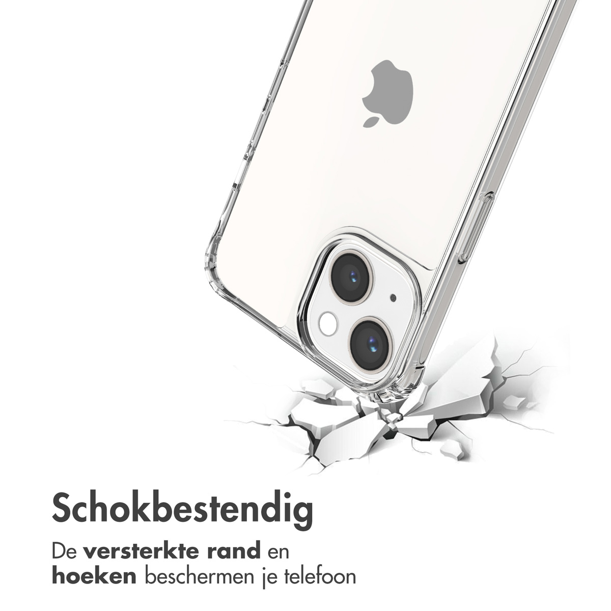 Een transparante telefoonhoes met een telefoon erin, die valt en op een oppervlak slaat en het breekt.
