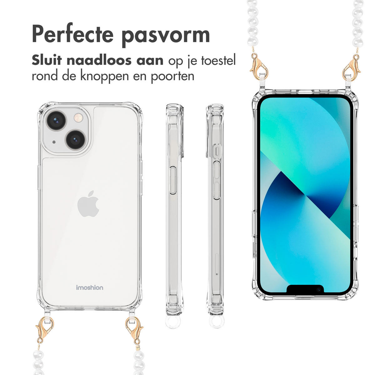 Transparante telefoonhoes met parelketting. iPhone in hoes, meerdere weergaven.