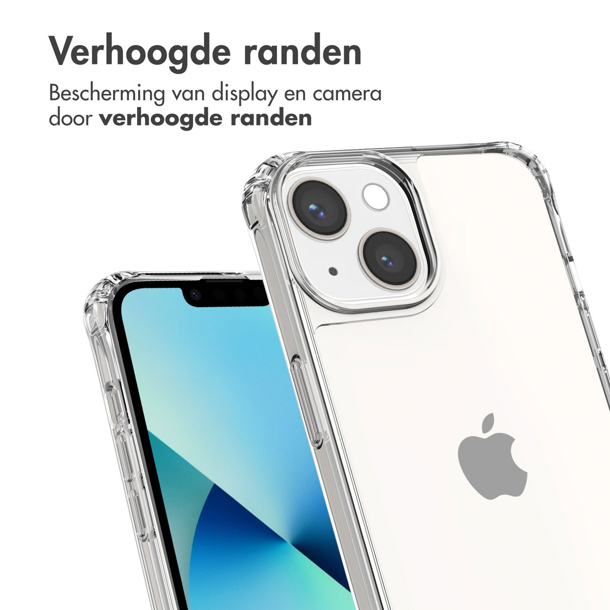 Twee transparante telefoonhoesjes. Eén heeft een blauwe telefoon erin. Toont verhoogde randen voor schermbescherming.