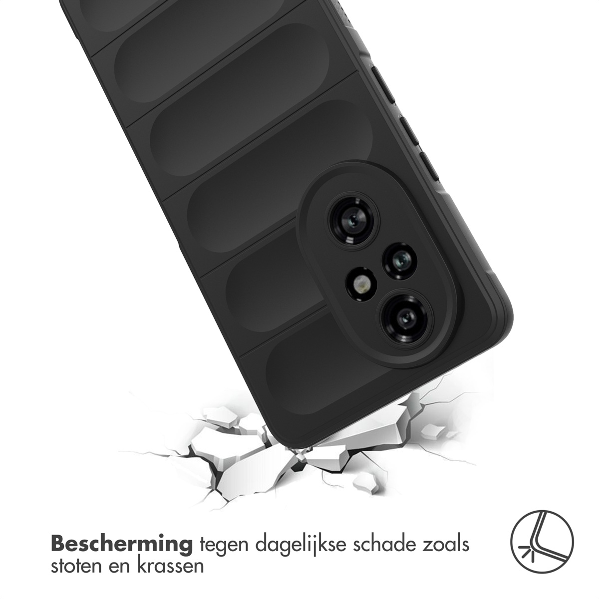 Coque de téléphone noire avec un design texturé, sur des carreaux blancs cassés.
