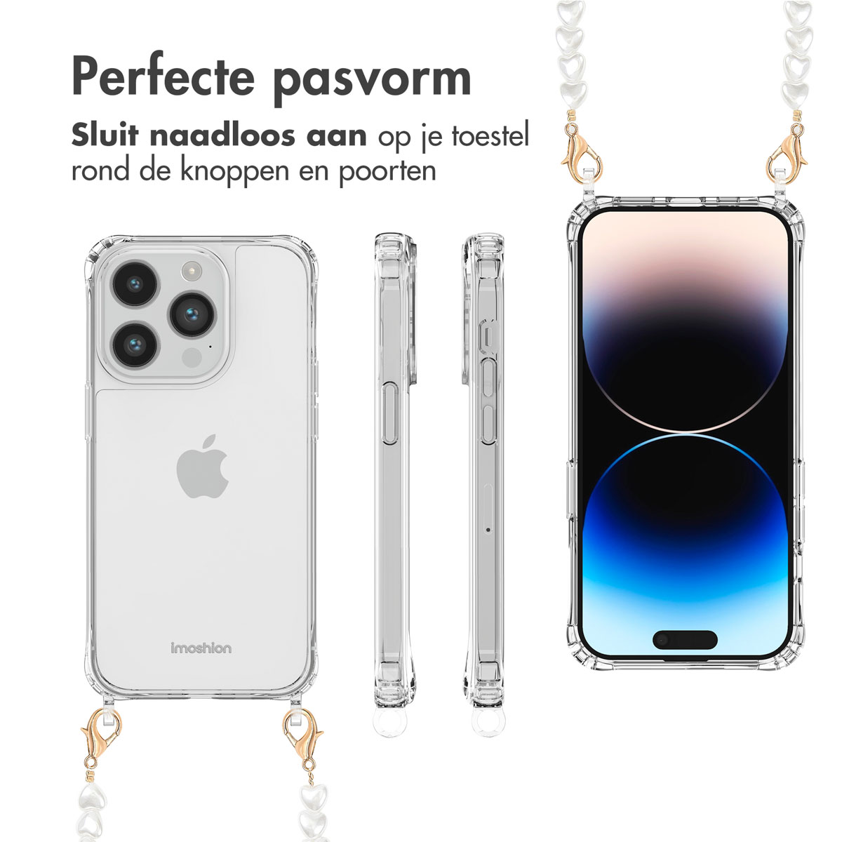 Transparante telefoonhoes met telefoon erin, drie weergaven en een parelriem.