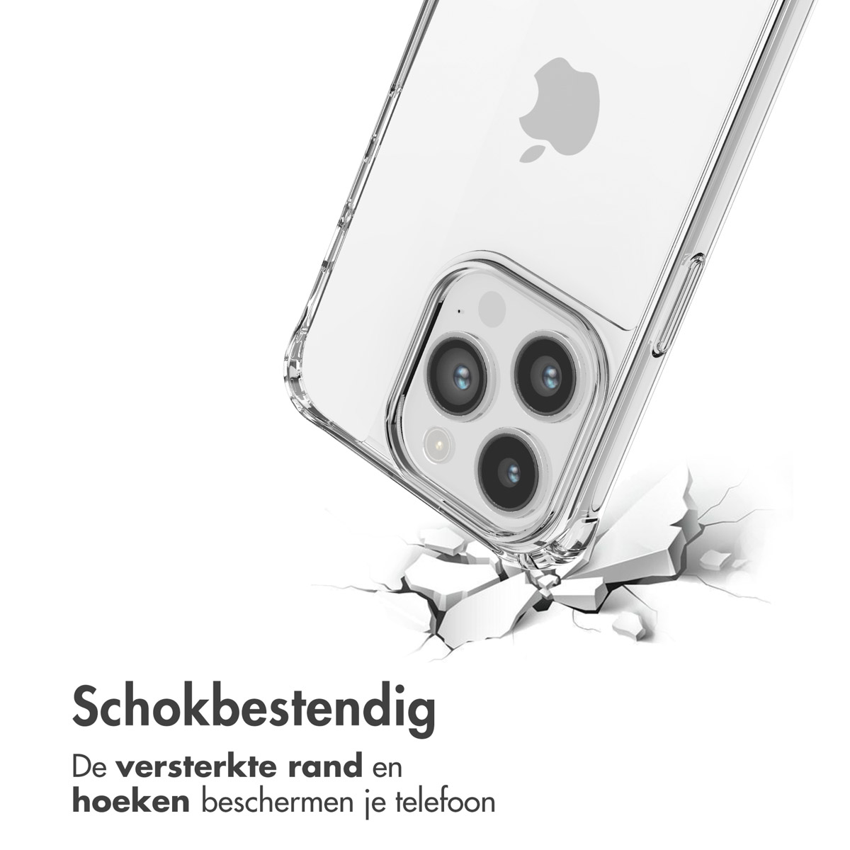 iPhone in een doorzichtig hoesje. Telefoon ligt op een wit oppervlak, hoesje is gebarsten. Tekst: Schokbestendig. Verstevigde randen beschermen.