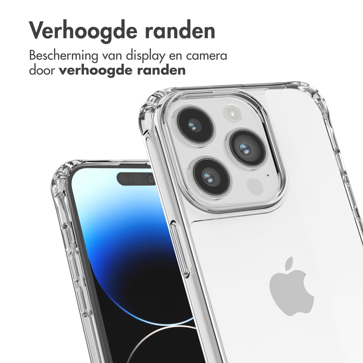 Twee telefoons met transparante hoesjes. De hoesjes hebben verhoogde randen. Achterkant van de telefoon heeft camera.