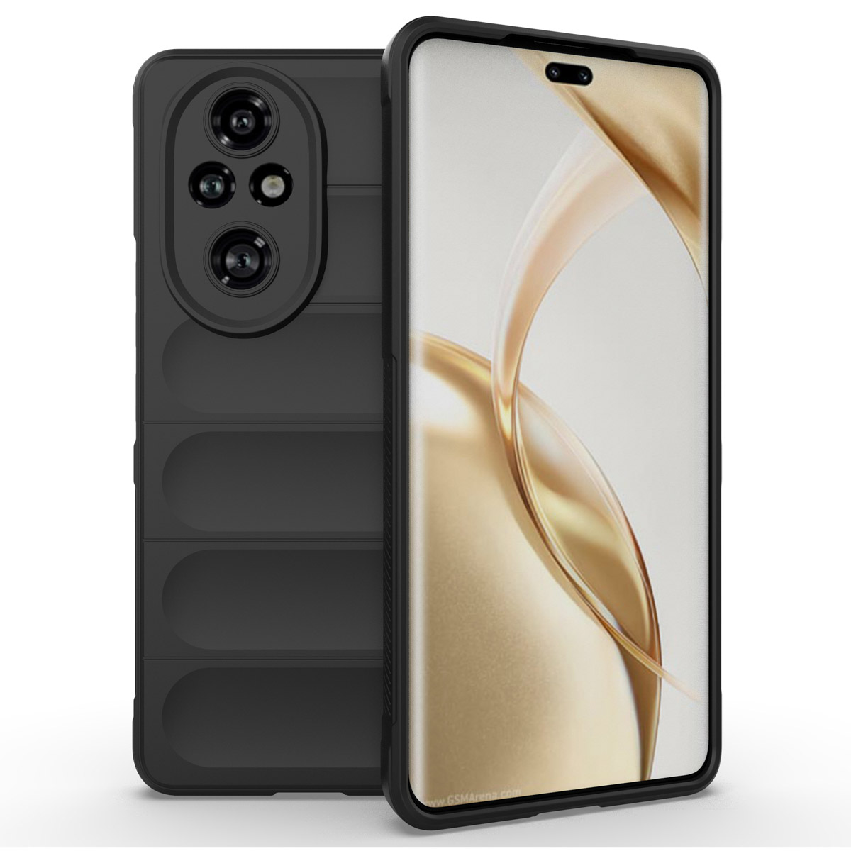 Deux téléphones noirs avec un étui noir. Fond blanc.