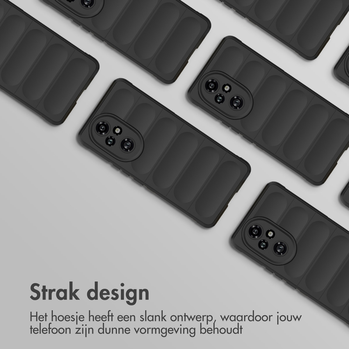 Étuis de téléphone noirs. Les étuis sont disposés en grille. Les étuis ont un design nervuré.