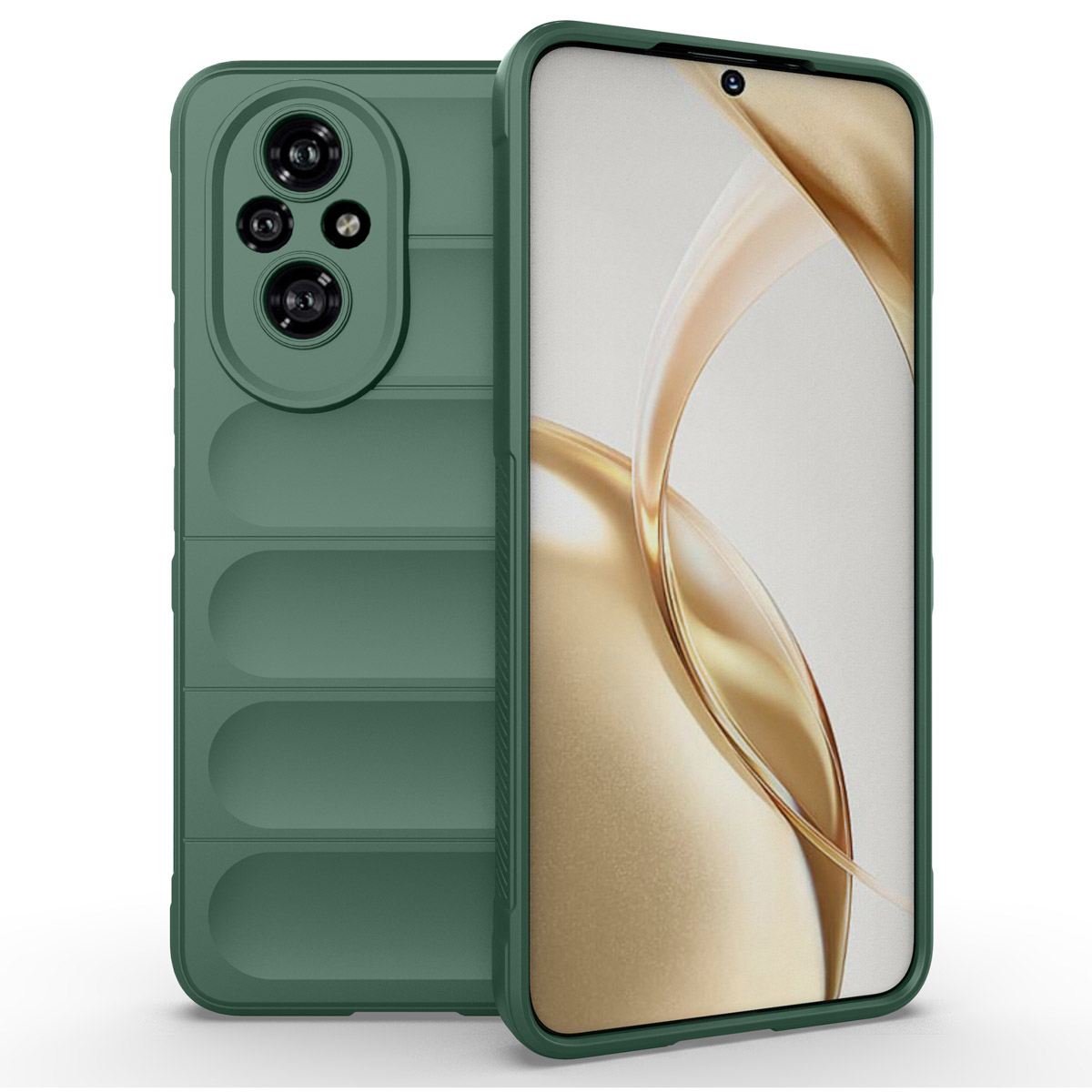 Custodia verde per telefono con ritaglio per fotocamera a tripla lente. Il telefono mostra un display curvo.