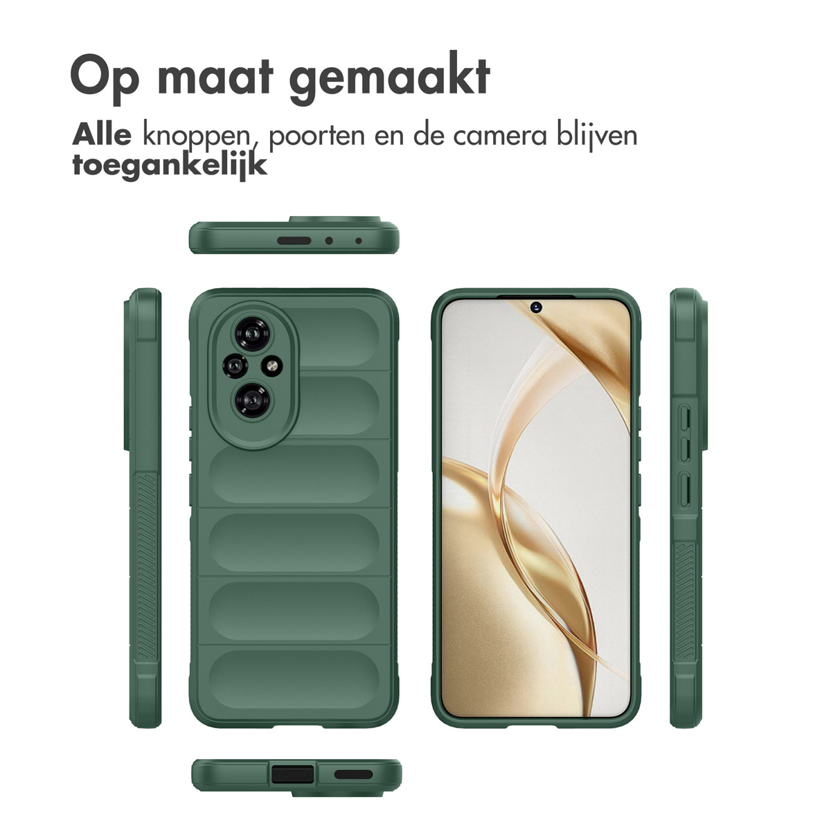 Custodia verde per telefono con ritaglio per fotocamera, viste multiple e testo descrittivo in olandese.
