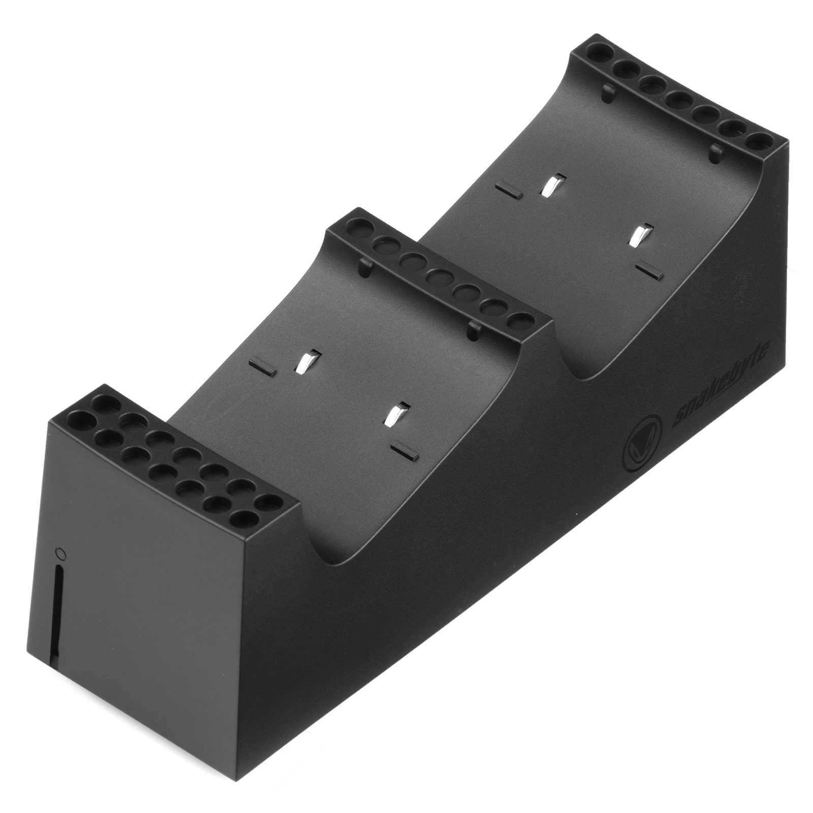 Schwarzer Controller-Ständer. Der Ständer hat Schlitze für Controller und einen Bereich für Zubehör.