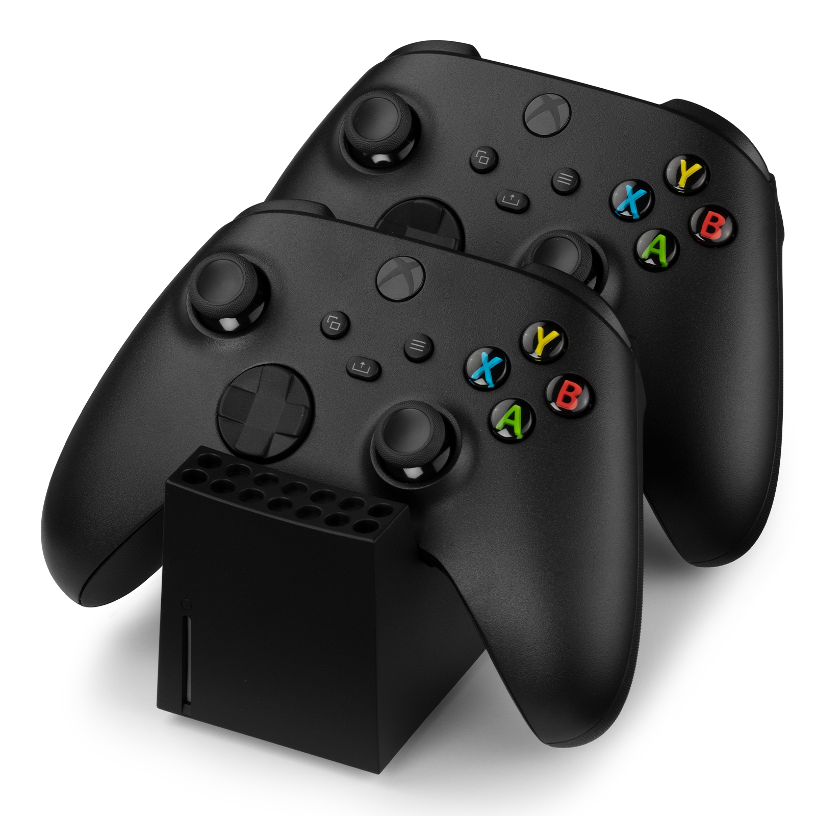 Zwei schwarze Xbox-Controller mit Ladestation.