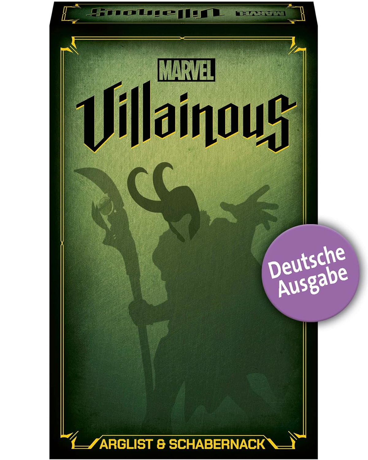 Marvel Villainous Brettspielbox, zeigt Loki-Silhouette, grüner Hintergrund mit goldenem Text.