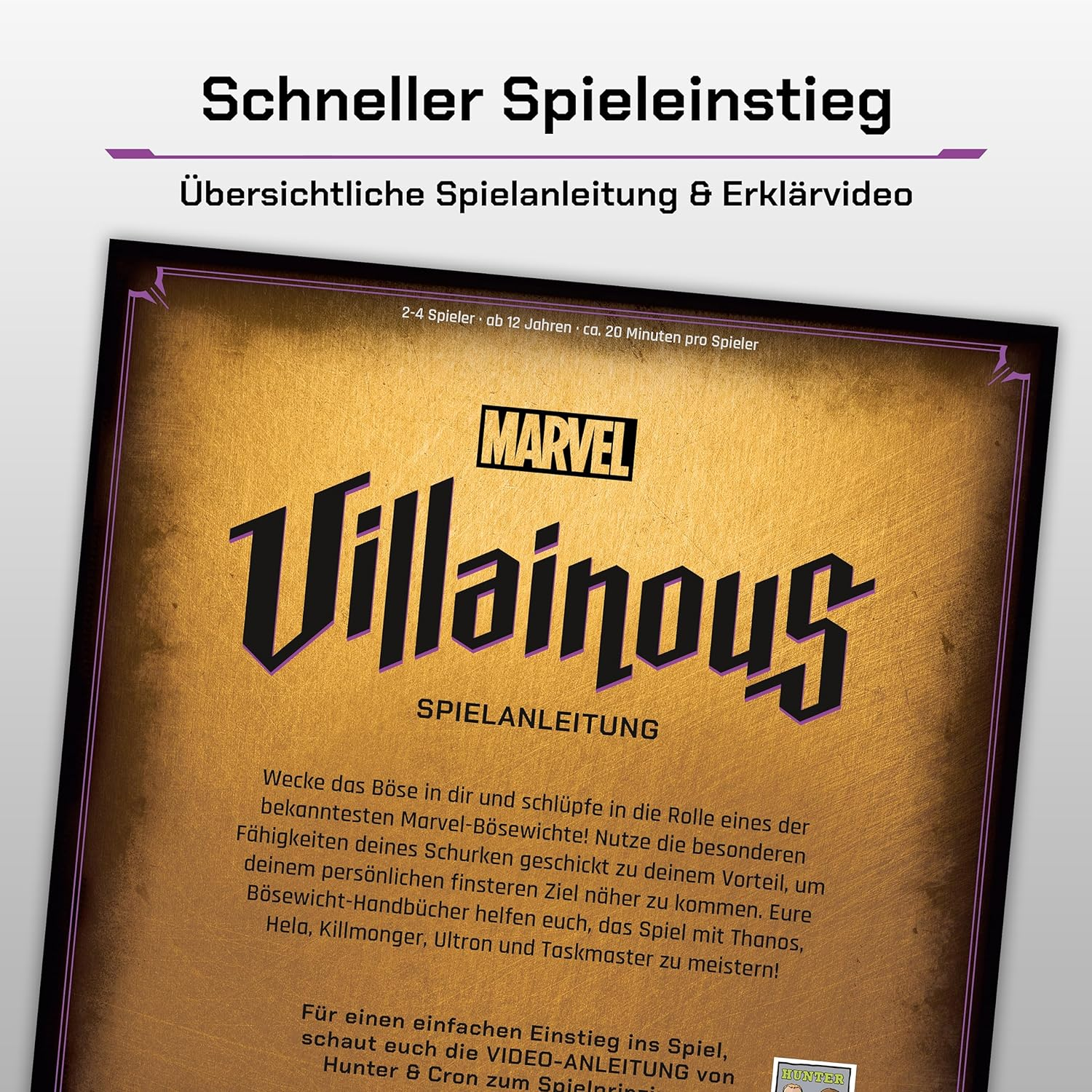 Marvel Villainous Brettspielbox mit Text und Grafiken in dunkler Farbe.