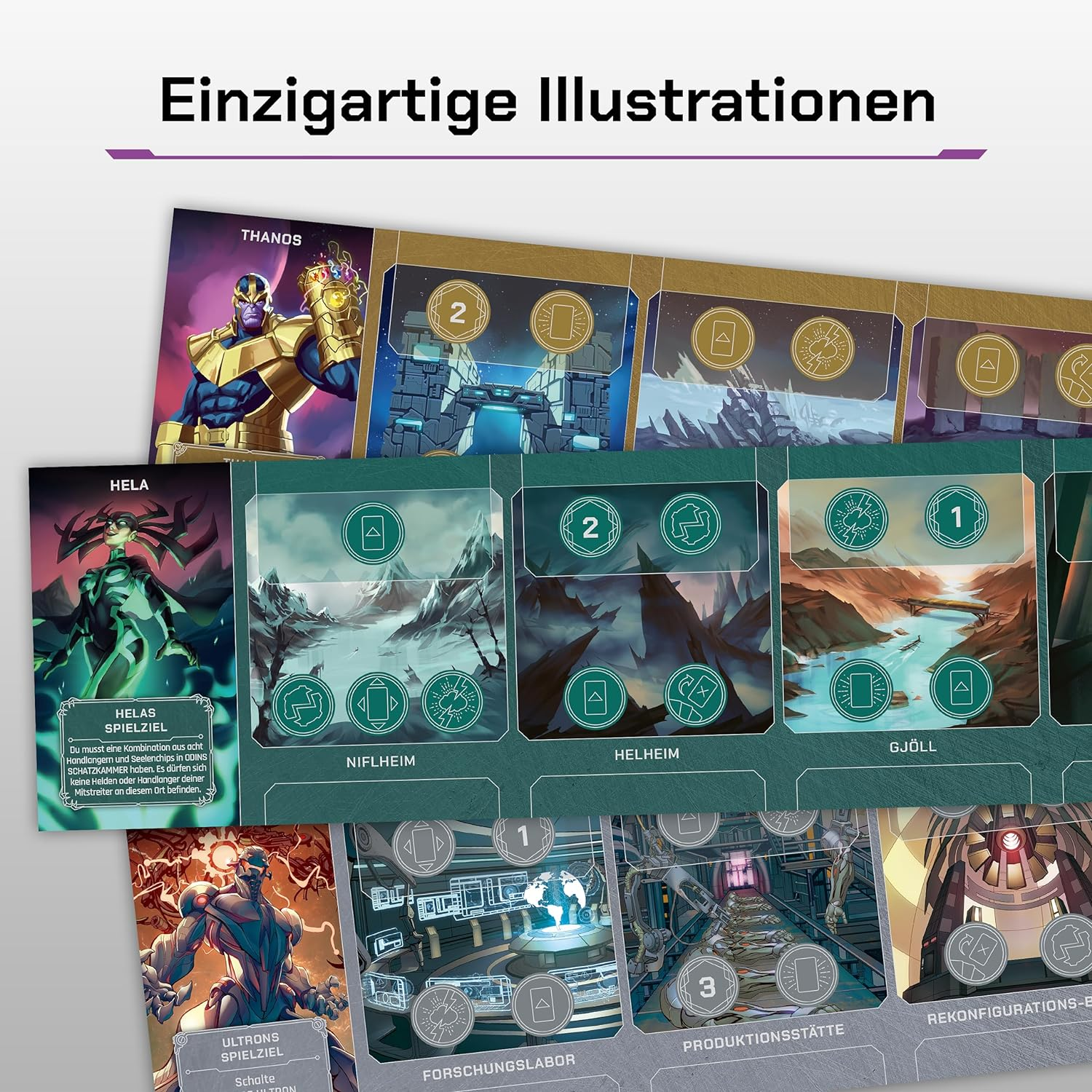 Illustrationen mit Marvel-Charakteren und Spielbrett-Elementen. Farbenfroh und detailliert.