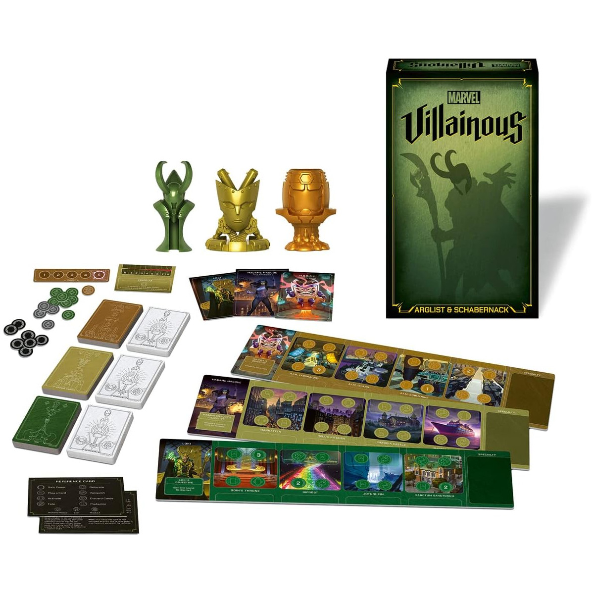Marvel Villainous Spielset. Spielsteine ​​und Karten sind sichtbar. Die Box zeigt einen Bösewicht.