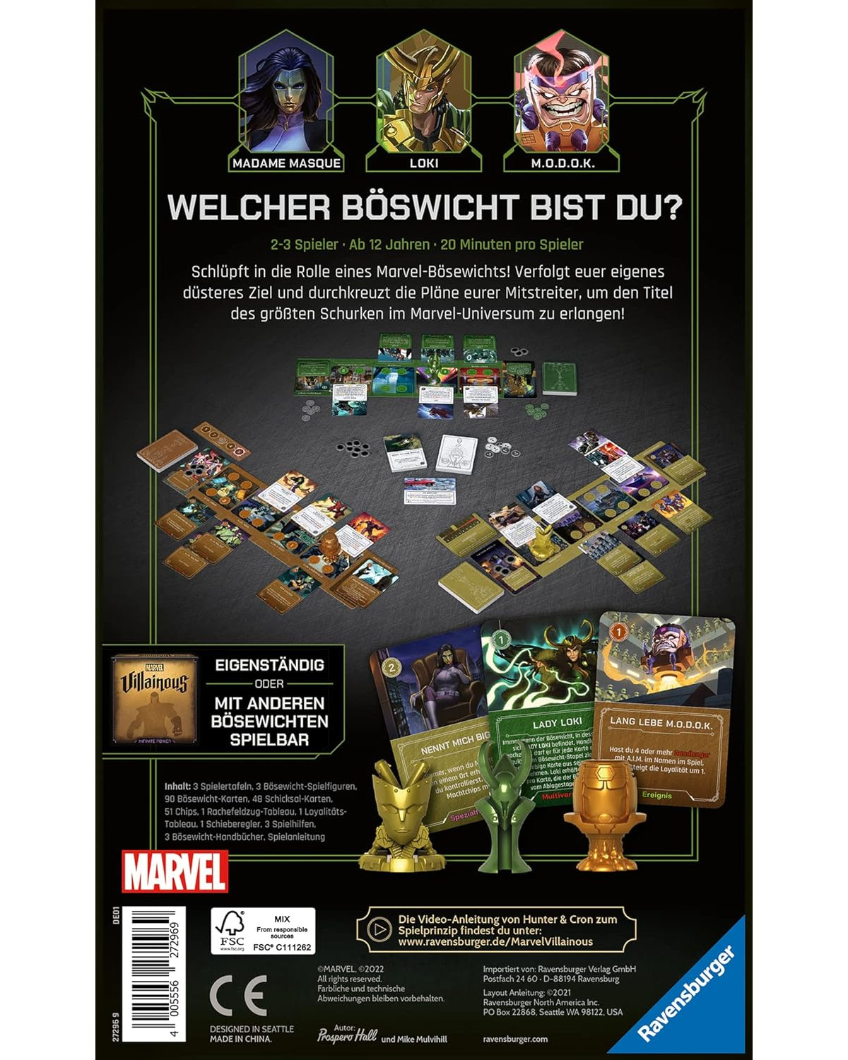 Die Rückseite einer Marvel Villainous Brettspielbox. Es zeigt die Charaktere und Spielkomponenten.