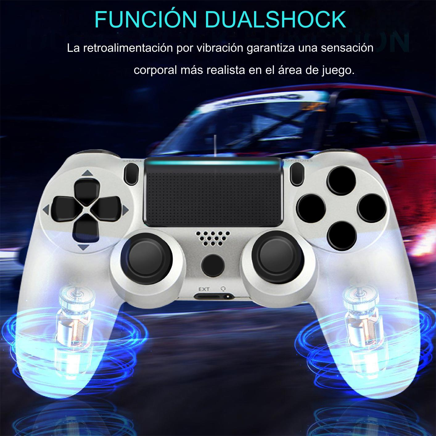 Un mando de juego blanco con botones y luz azul sobre fondo oscuro.
