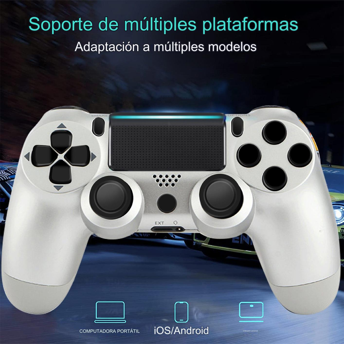 Un mando de juego blanco sobre un fondo borroso con iconos de portátil, iOS/Android y portátil.