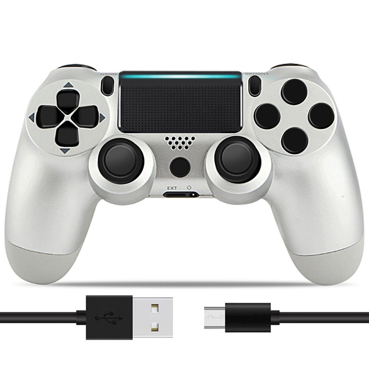 Un mando de PlayStation 4 blanco y gris con un cable USB.