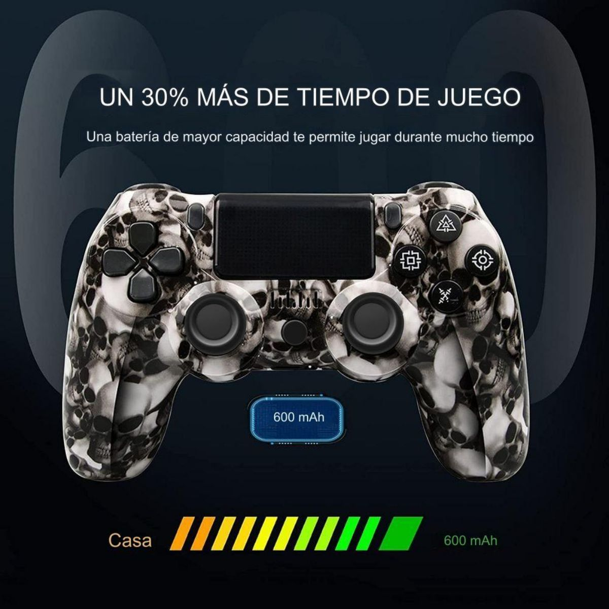 Controlador de juego negro con diseño de calaveras y botones. Indicador de nivel de batería muestra barras verdes y amarillas.