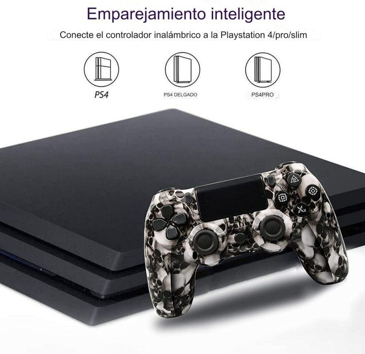 Una Playstation 4 negra y un controlador con patrones, con iconos que muestran compatibilidad con PS4, PS4 Slim y PS4 Pro.