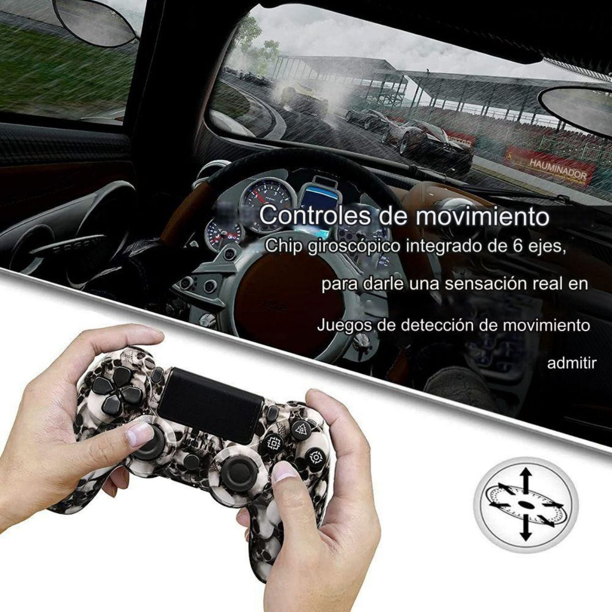 Manos sosteniendo un mando con diseño de calaveras, con gráficos de juego de carreras.