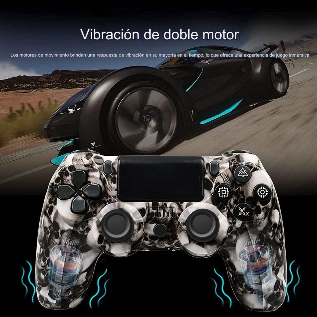 Un controlador de juego con temática de calaveras con un coche deportivo en el fondo, texto en español arriba.