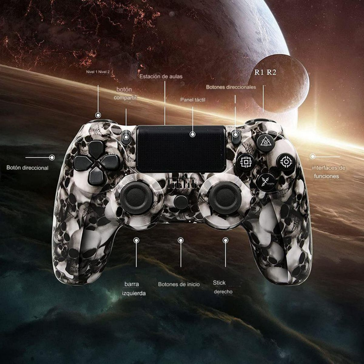 Mando negro con diseño de calavera. Botones etiquetados y fondo temático espacial.