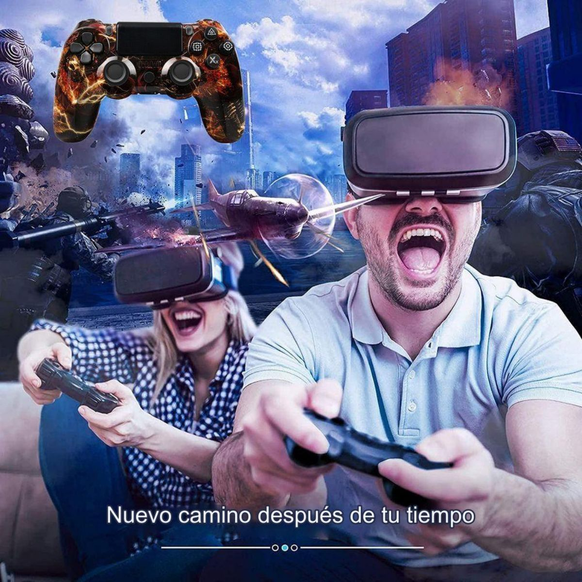 Gente jugando juegos de RV con un gamepad y un fondo de paisaje urbano.