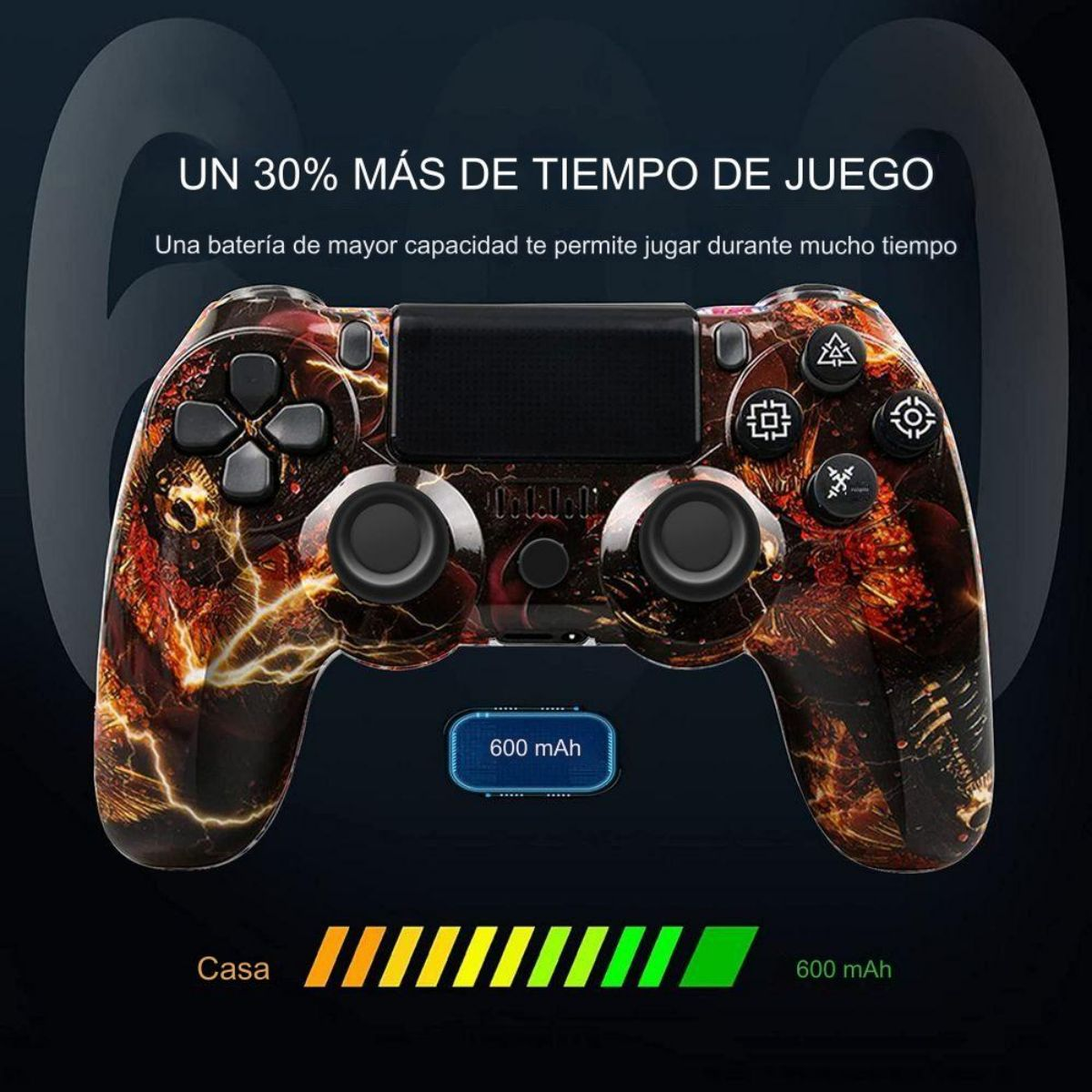 Mando de juegos con diseño de fuego. El indicador de nivel de batería muestra carga completa.