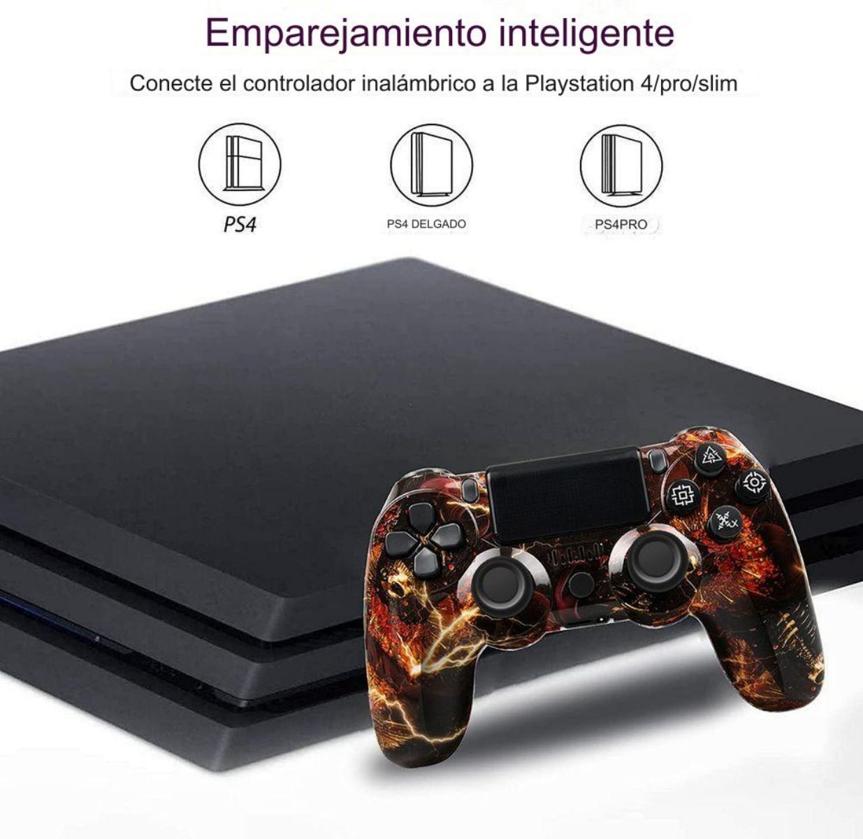 Consola PlayStation 4 y mando con diseño de fuego, con texto en español.