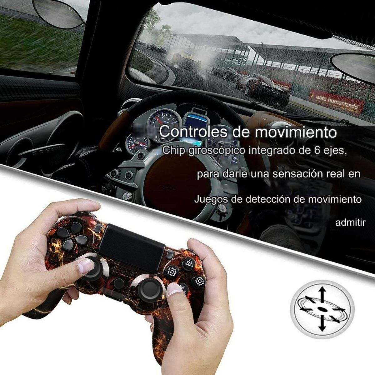 Persona sosteniendo un mando de juegos negro y naranja. Escena de juego de carreras en el fondo.