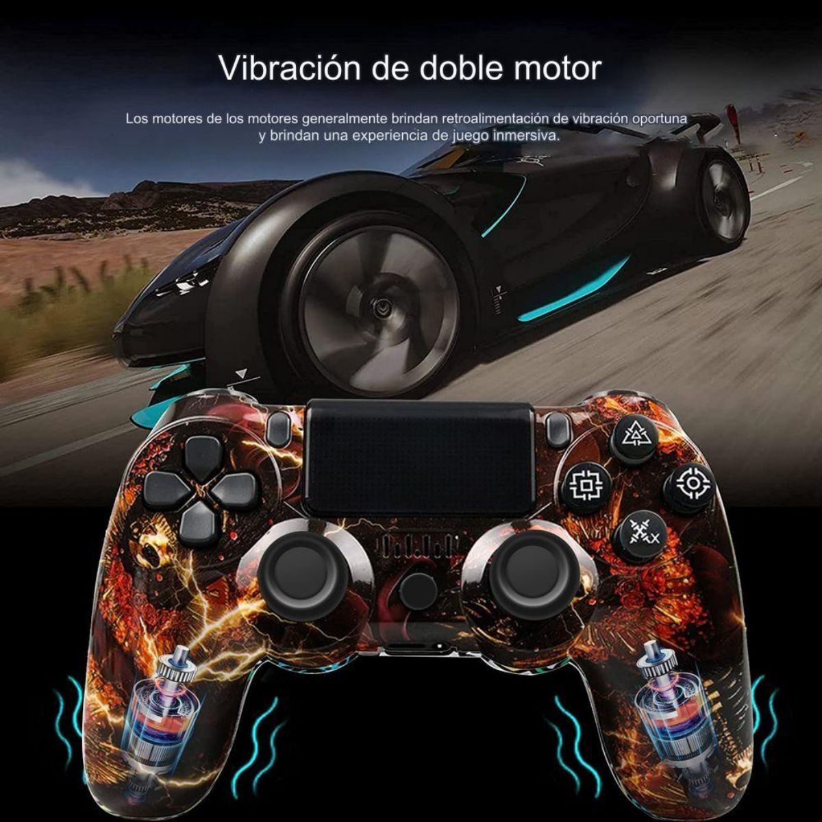 Mando de juegos con diseño de fuego y motores vibratorios, coche futurista en el fondo.