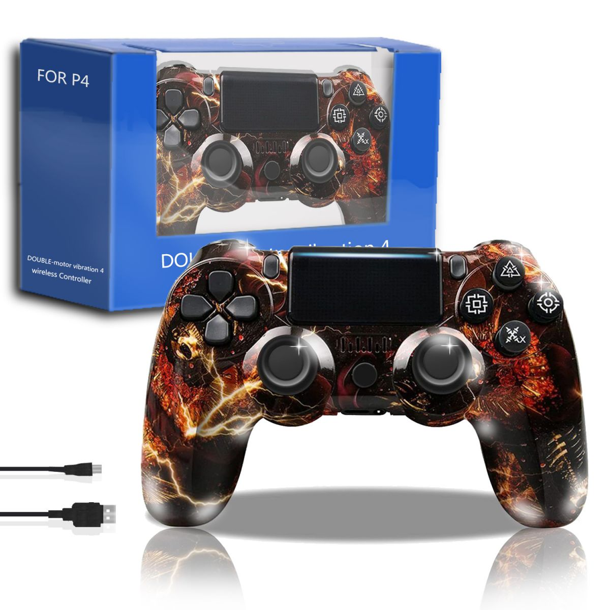 Un mando PS4 negro y rojo con una caja. Cable USB visible. La caja dice 'FOR P4' y 'Wireless Controller'.