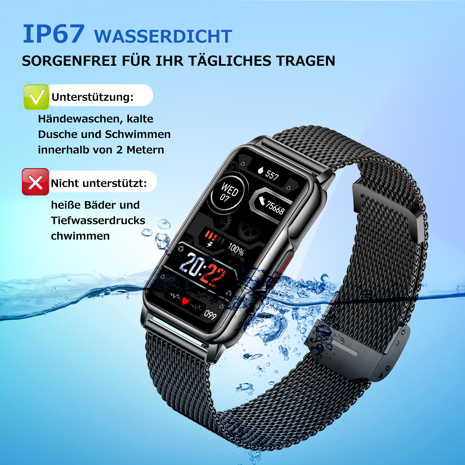 Schwarze Smartwatch mit Metallband. Der Bildschirm zeigt Zeit und Daten an.
