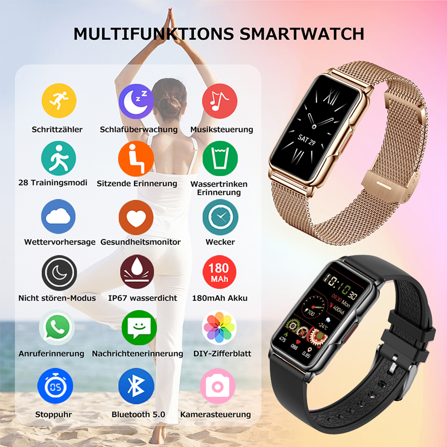 Smartwatches und Symbole. Eines hat ein Metallarmband, das andere ein schwarzes Armband. Weißer Hintergrund.