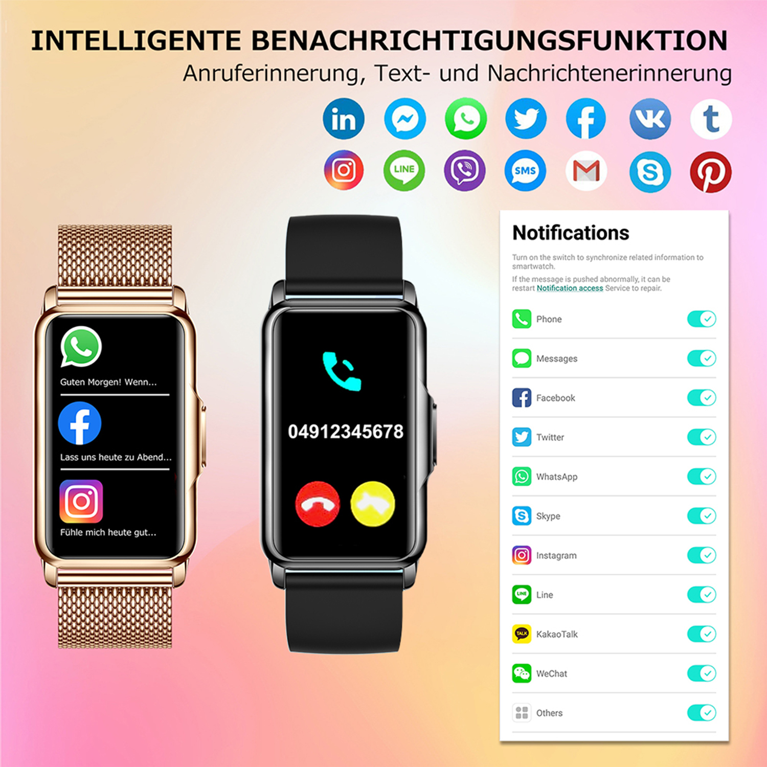 Smartwatch mit zwei Anzeigen mit Benachrichtigungen. Symbole sind Facebook, Instagram und andere.