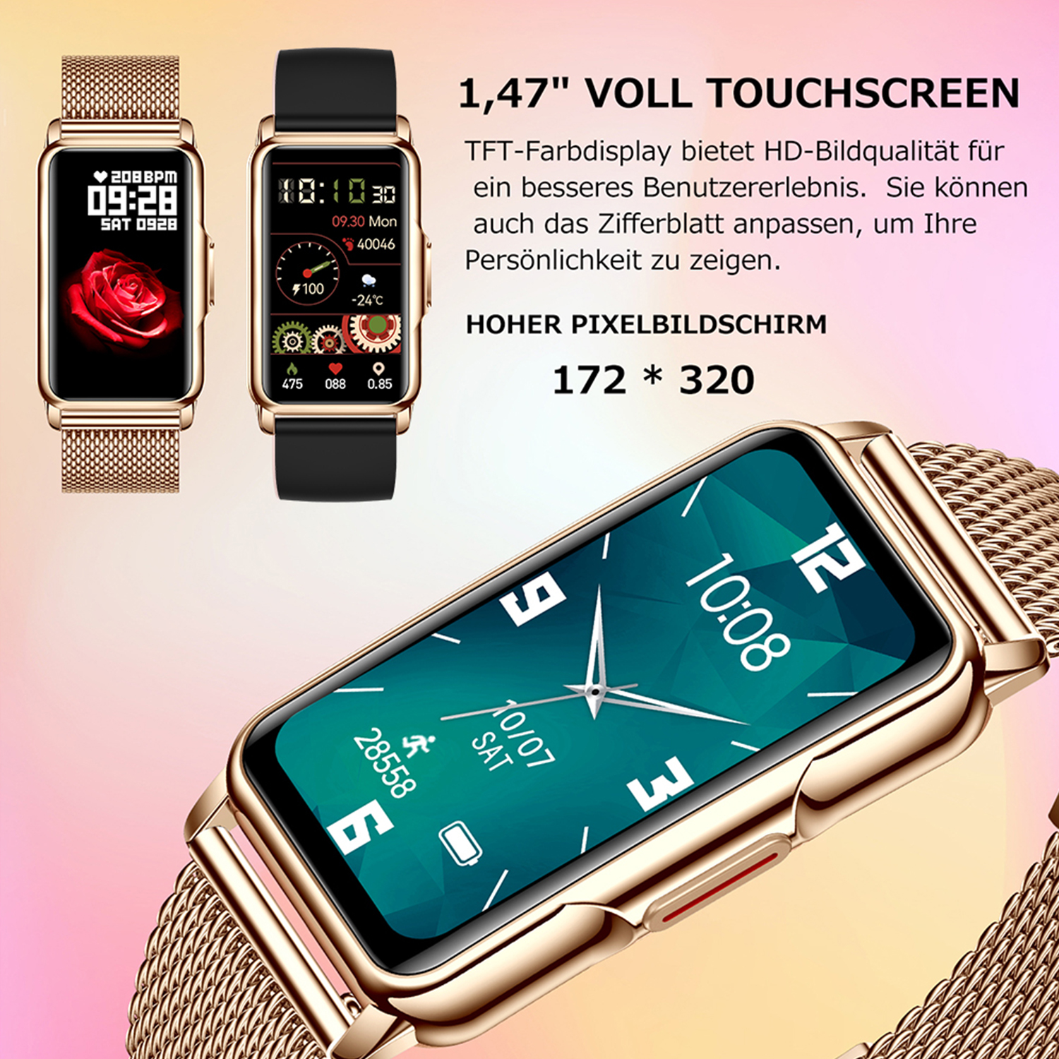 Drei Smartwatches mit unterschiedlichen Displays. Eine hat eine Rose, andere Zahlen, und die letzte einen grünen Bildschirm.