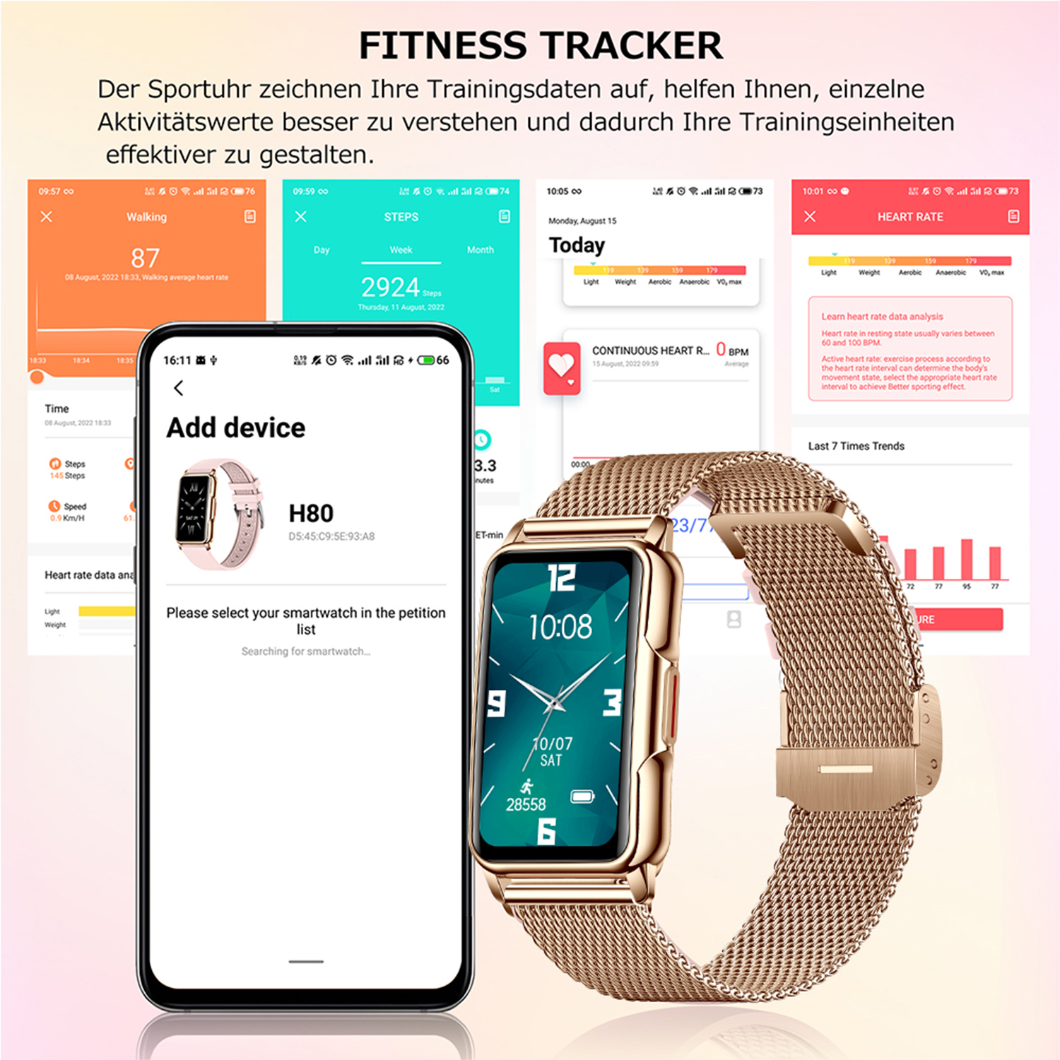 Fitness-Tracker, der Daten auf dem Bildschirm anzeigt. Zeigt Schritte, Herzfrequenz und Zeit an.