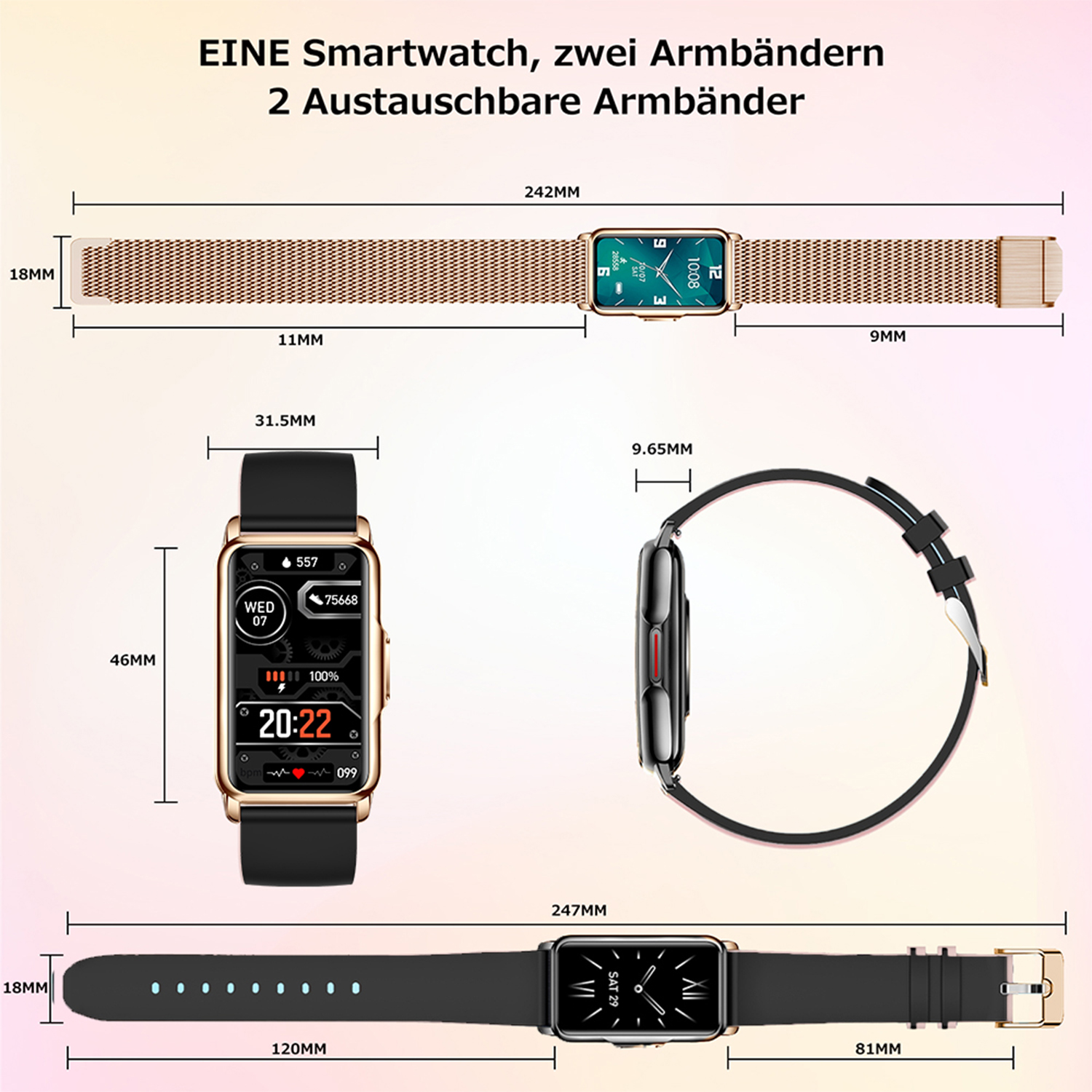 Eine goldene Smartwatch mit zwei Armbändern und Abmessungen wird angezeigt. Die Uhr zeigt Zeit und Statistiken.