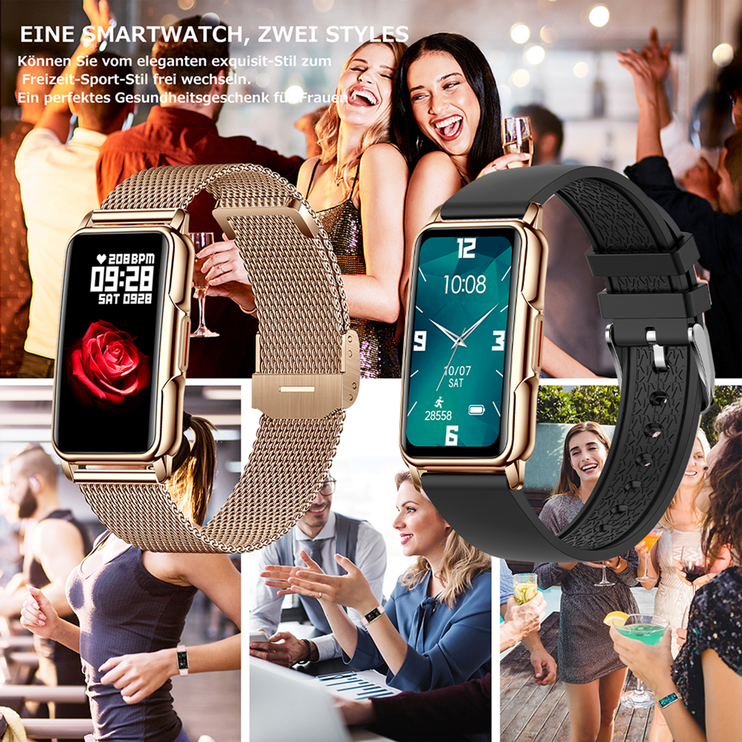 Zwei Smartwatches an Handgelenken. Menschen auf einer Party. Gold- und Schwarzbänder.