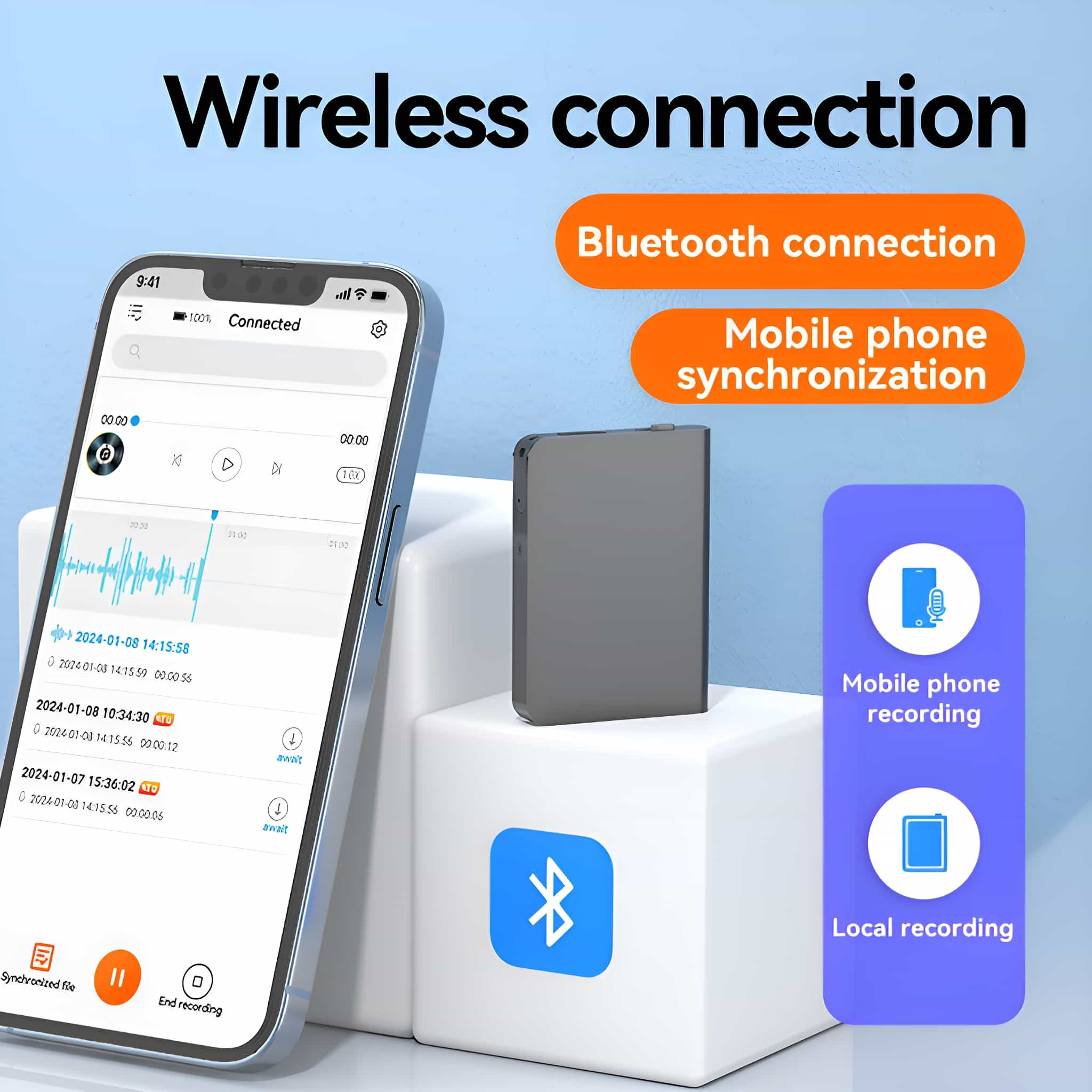 Mobiltelefon neben einem kleinen grauen Gerät mit Bluetooth- und Aufnahmeoptionen.