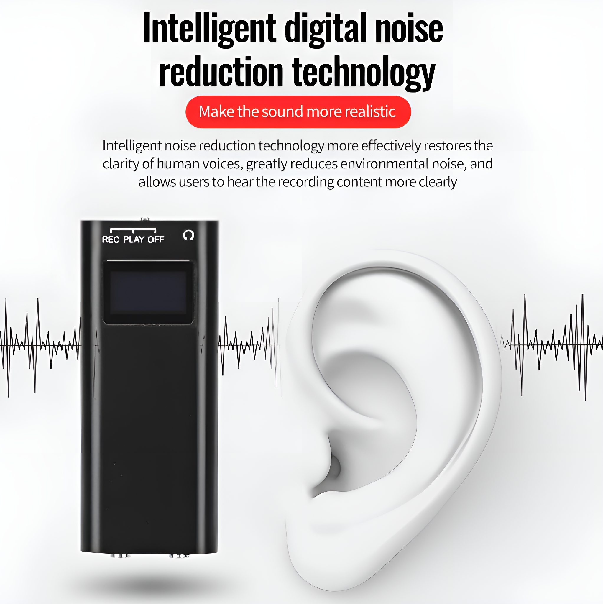Schwarzes Audiorekorder mit Text: Intelligente digitale Rauschunterdrückungstechnologie.