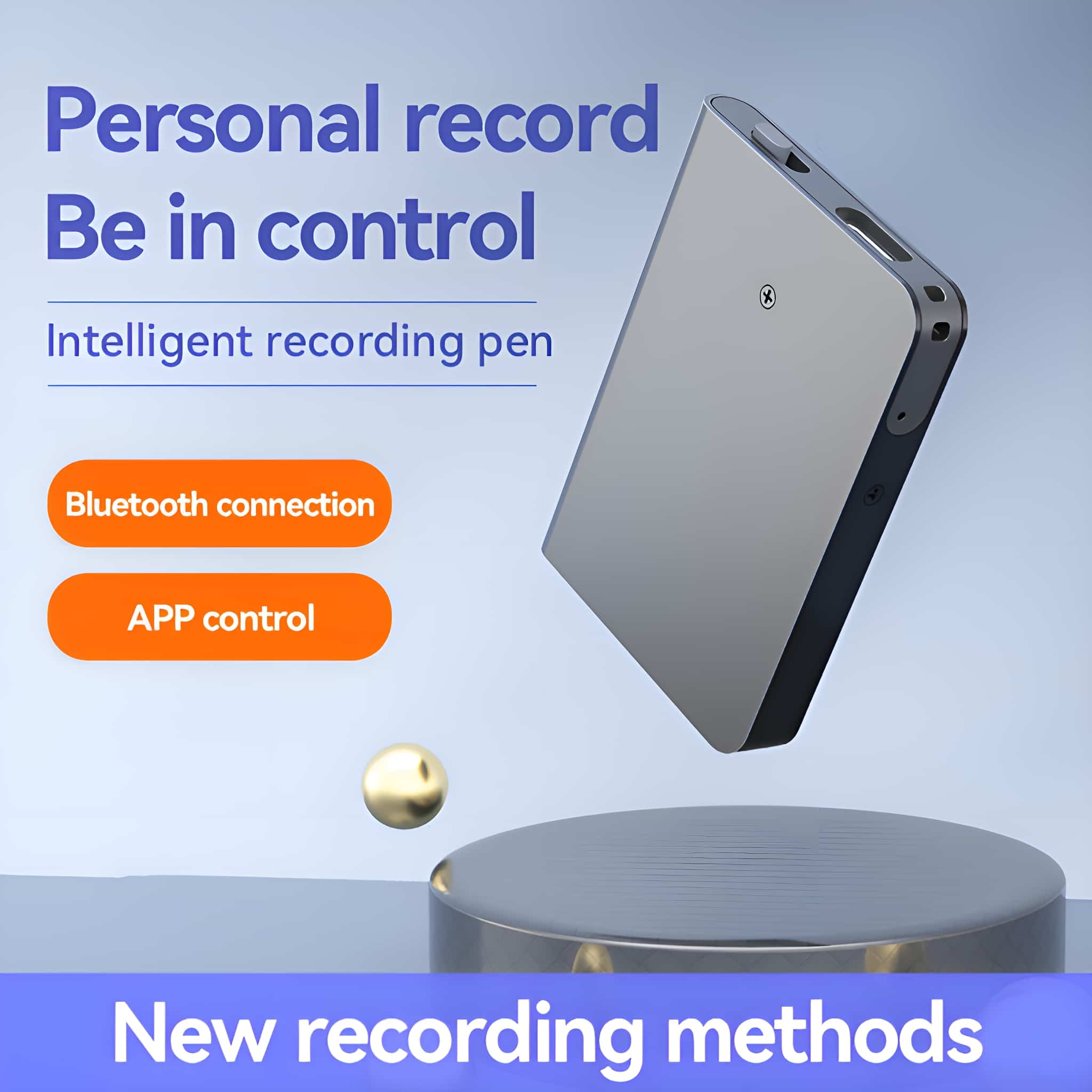 Silberner Aufnahmestift mit Text: Persönliche Aufzeichnung, Kontrolle behalten. Bluetooth und APP.