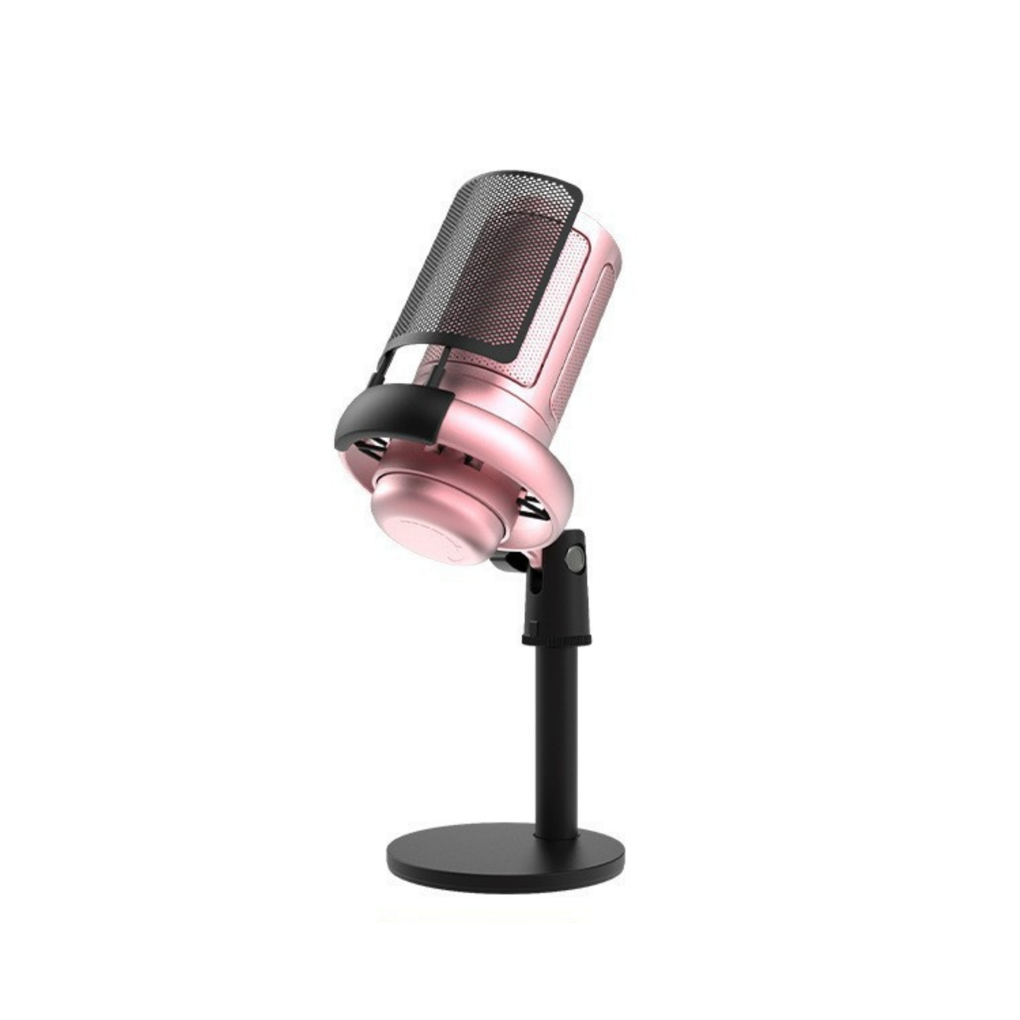 Ein rosa Mikrofon mit schwarzem Gitter, auf einem schwarzen Ständer. Es ist ein Studio-Mikrofon.