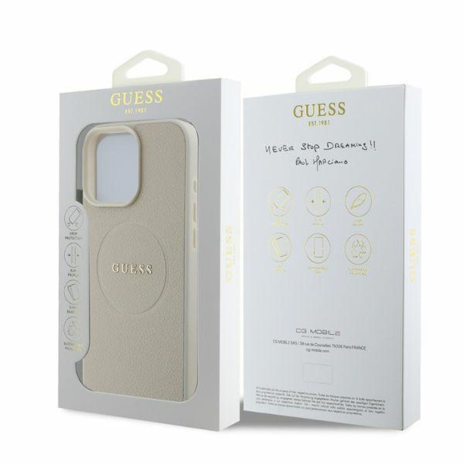 Eine Handyhülle in ihrer Box, mit Text: 'GUESS' und handschriftlicher Notiz: 'NEVER STOP DREAMING!!'.