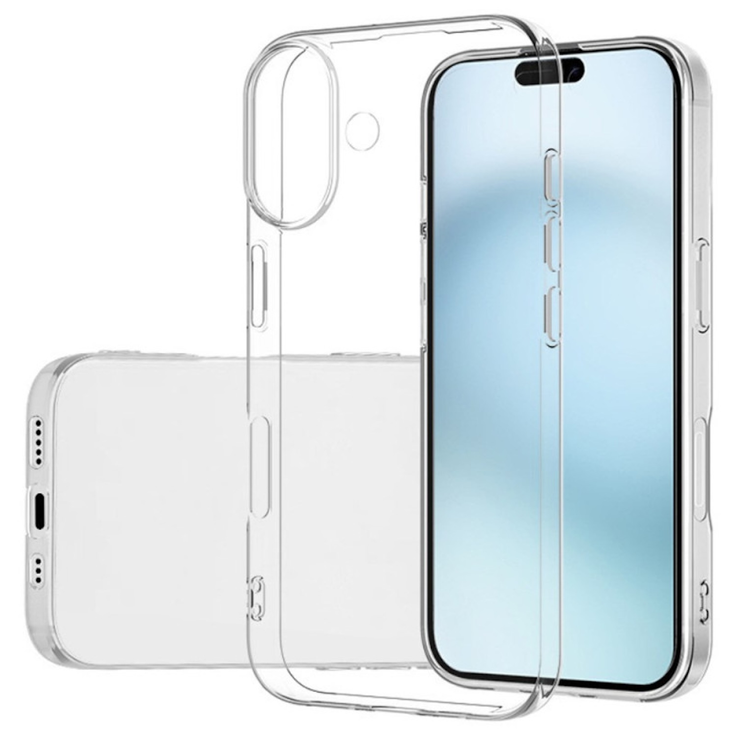 Telefon mit einer transparenten Hülle. Das Telefon ist in der Hülle. Die Hülle ist auf weißem Hintergrund.