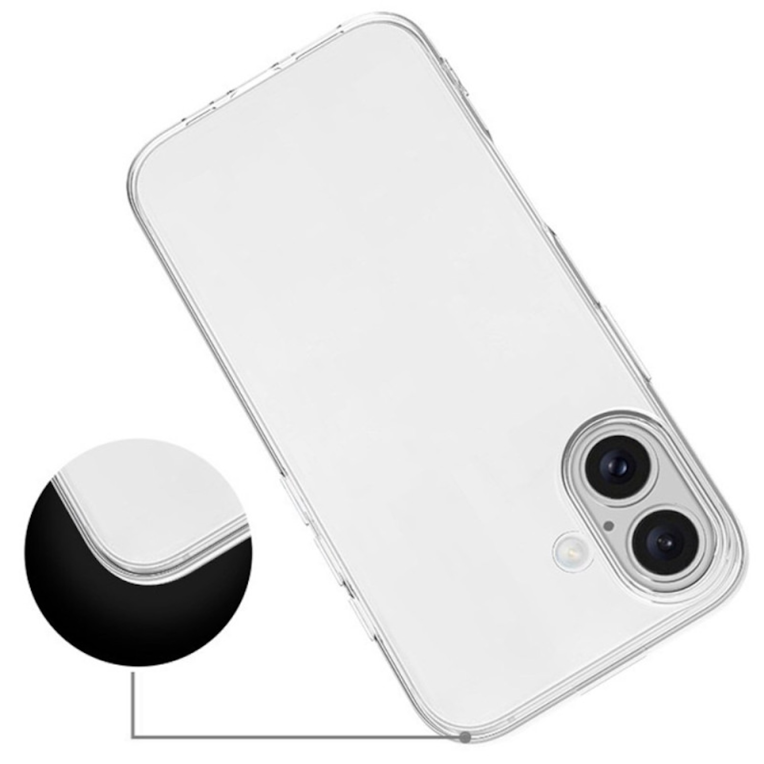 Una funda transparente para teléfono, con parte trasera transparente y borde negro, en ángulo sobre fondo blanco.