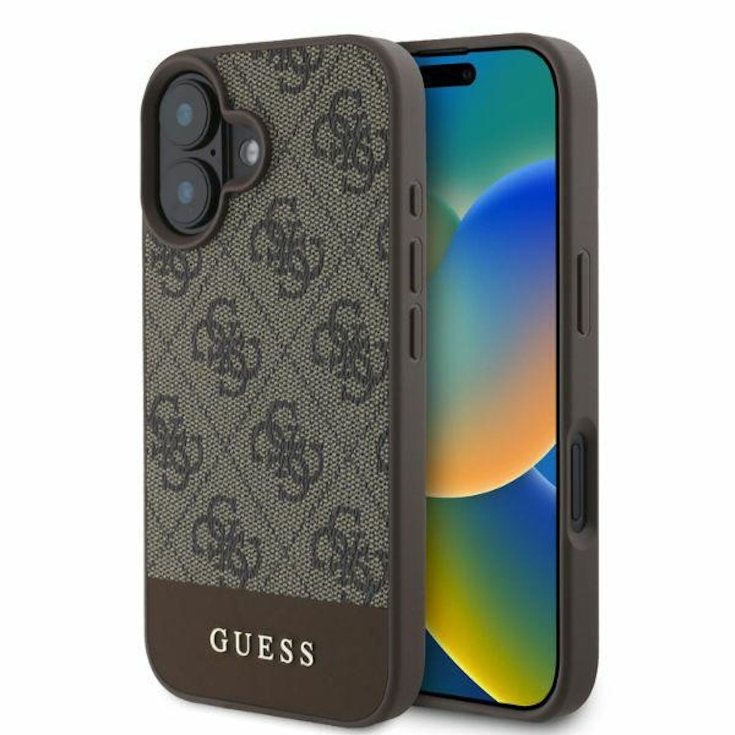 Custodia marrone con logo Guess e telefono. La custodia ha una base marrone con motivo logo.