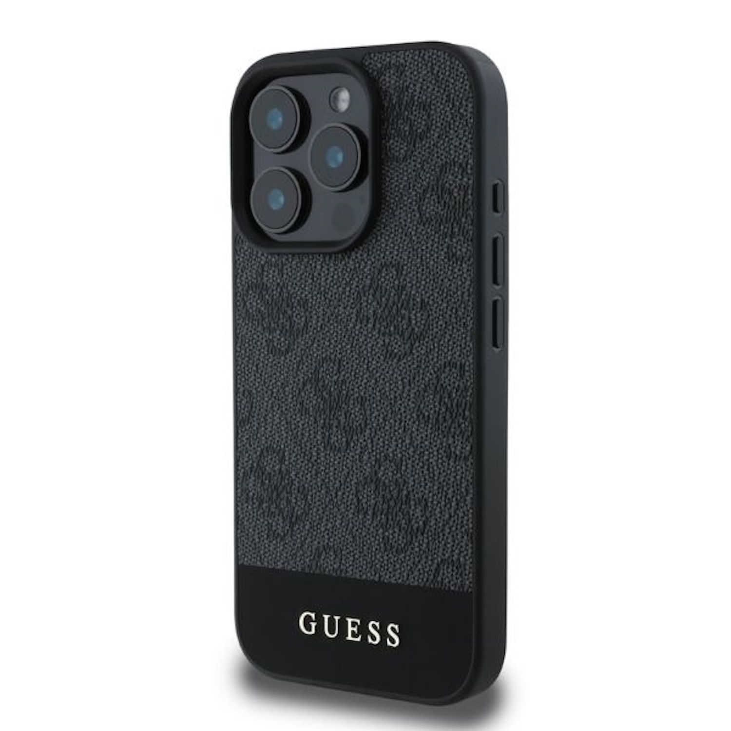 Schwarze Handyhülle mit GUESS-Logo, schwarzer Kamerabereich.